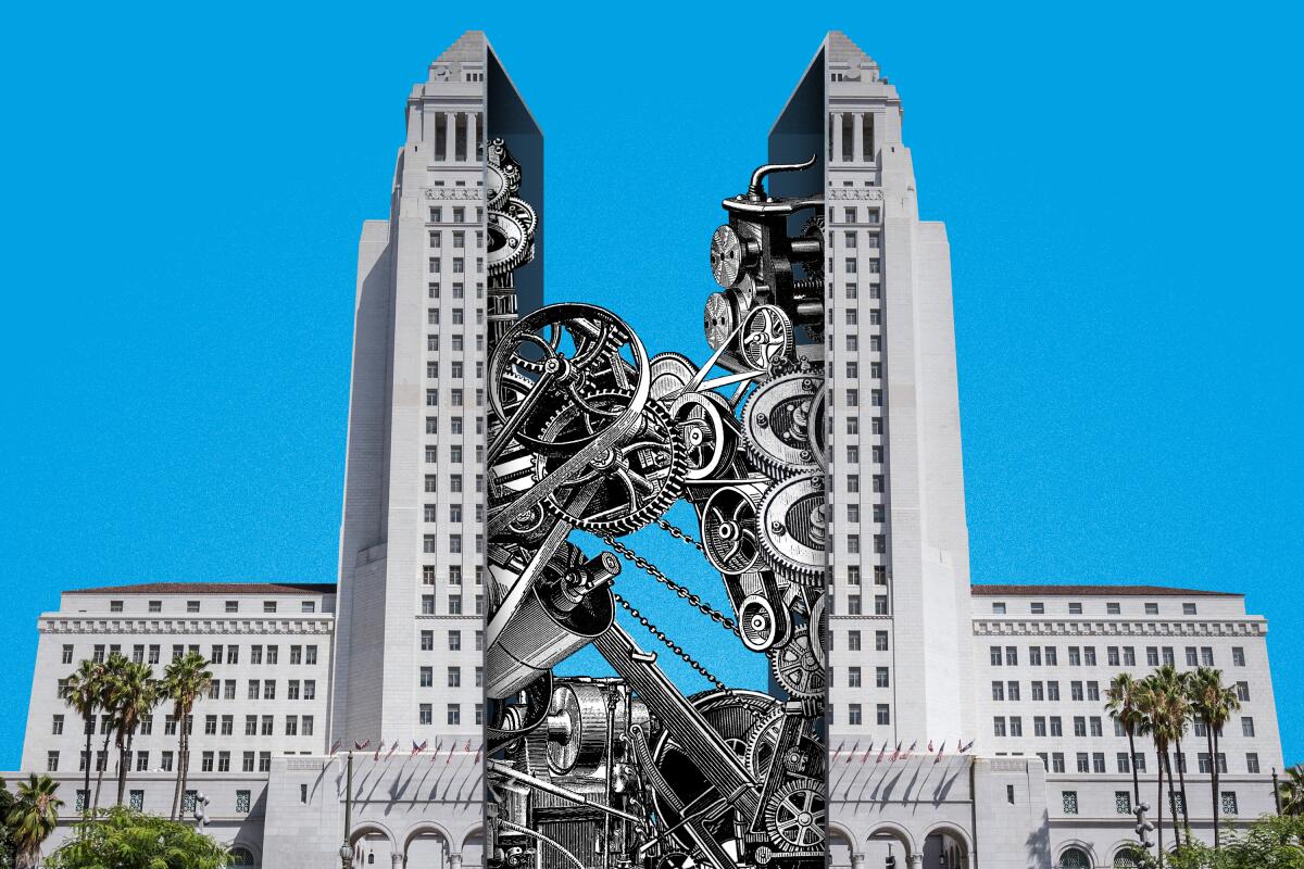 Photo illustration of L.A. City Hall split down the middle with mechanical machinery revealed inside.