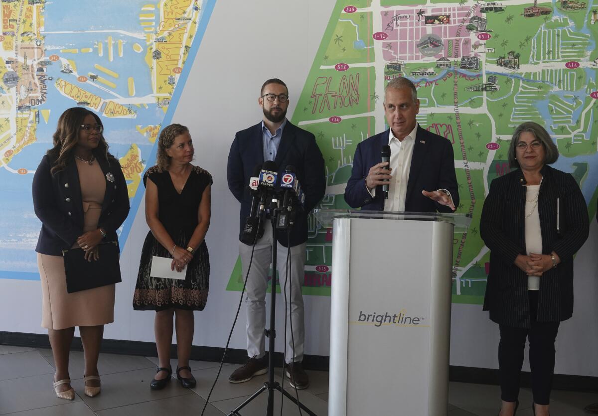 U.S.Rep. Mario Diaz Ballart, R-Fla., speaks during a news conference at the Brightline station in Fort Lauderdale on Monday, Aug., 15, 2022.. The Florida Department of Transportation and Brightline was awarded a $25 million grant to enhance safety along the Florida East Coast Railway- Brightline corridor between Miami-Dade and Brevard counties. (Joe Cavaretta/South Florida Sun-Sentinel via AP)
