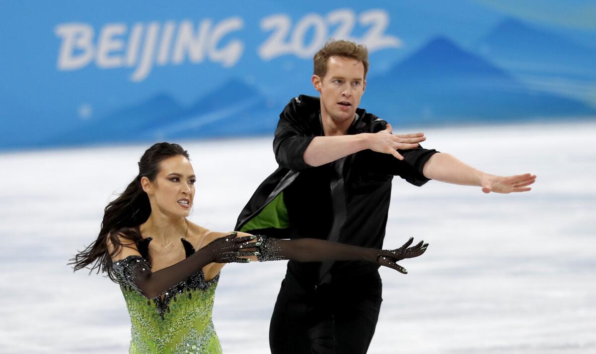 U.S. skaters Madison Chock and Evan Bates perform during the Ice Dance - Rhythm Dance.