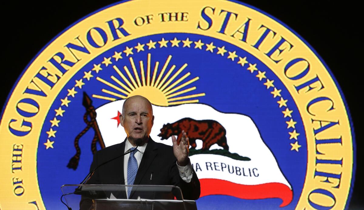 Gov. Jerry Brown speaks at the annual Sacramento Host Breakfast on May 24 in Sacramento.