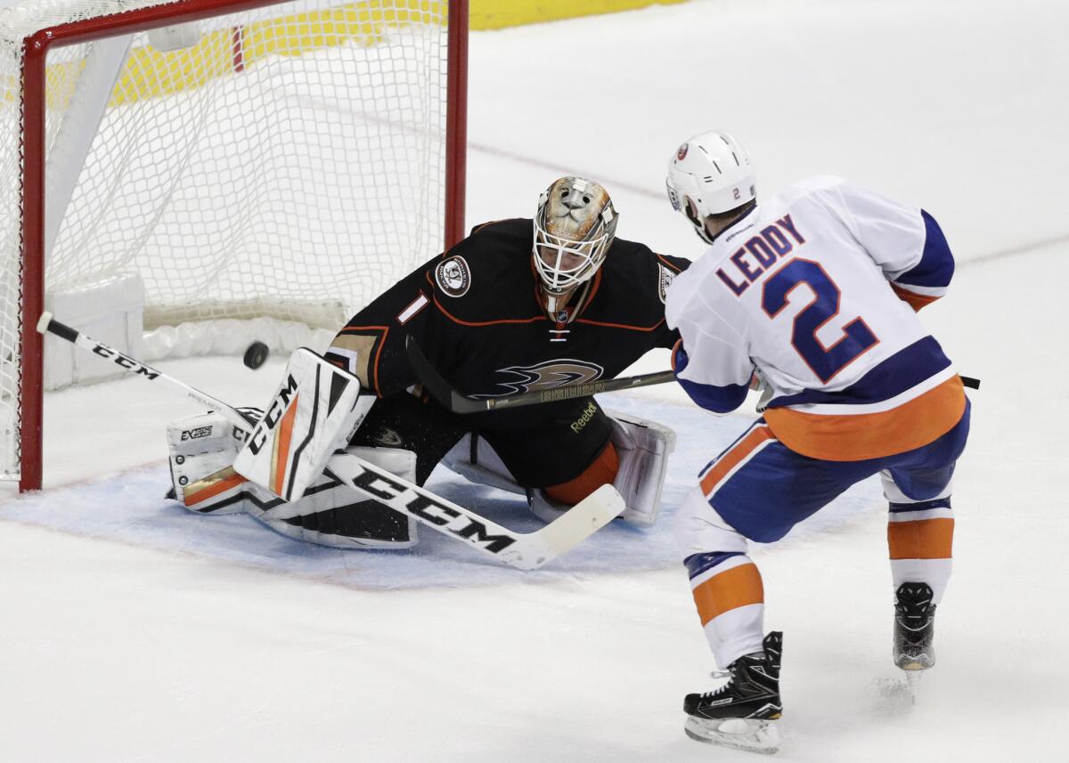 Islanders defenseman Nick Leddy scores against Ducks goalie Jonathan Bernier in the shootout on Tuesday.