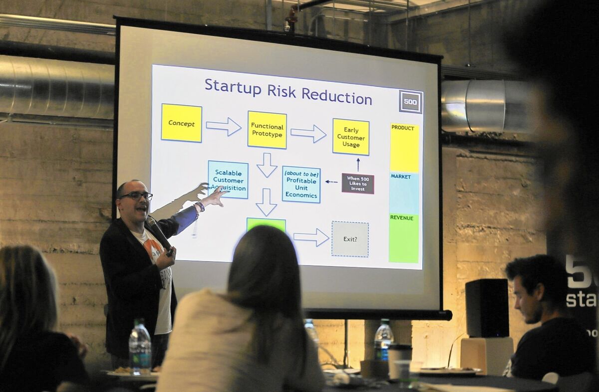 Dave McClure, founding member of 500 Startups, gives a presentation at a San Francisco event in April that brought together tech companies and venture capitalists. Silicon Valley Bank was a sponsor.