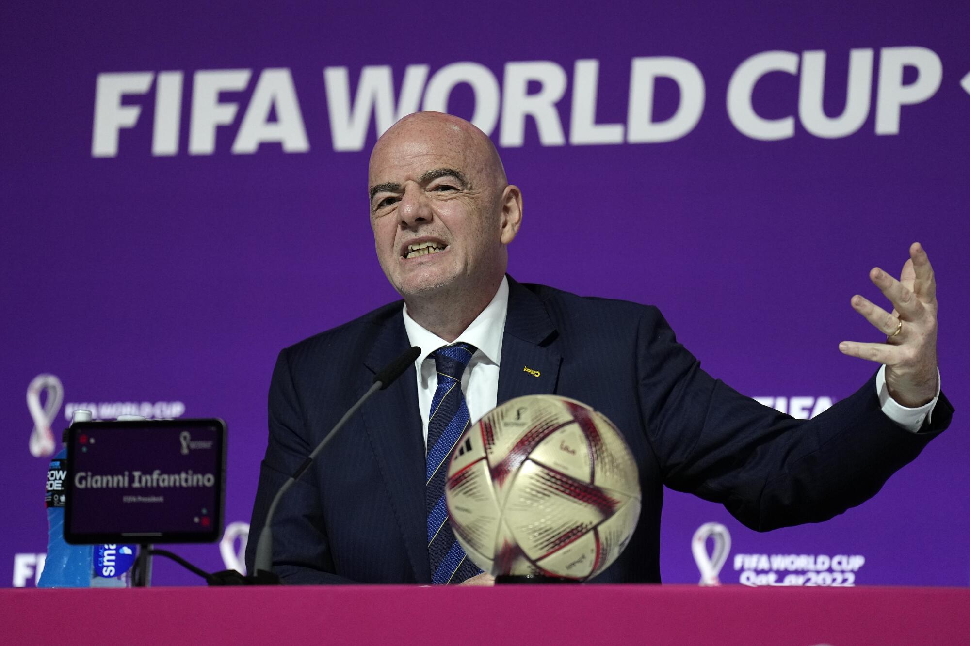 FIFA president Gianni Infantino speaks to reporters during a World Cup news conference in December.