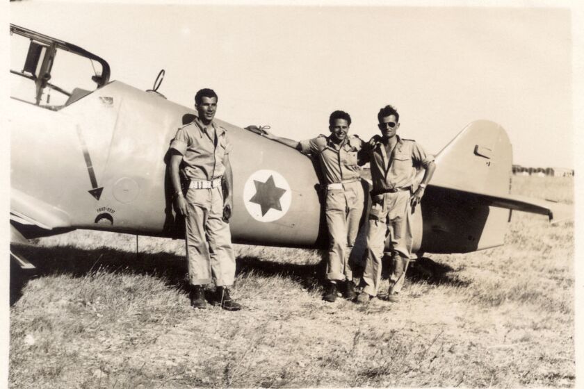 Pilots Lou Lenart, Gideon Lichtman and Modi Alon in a still from the movie "Above and Beyond."