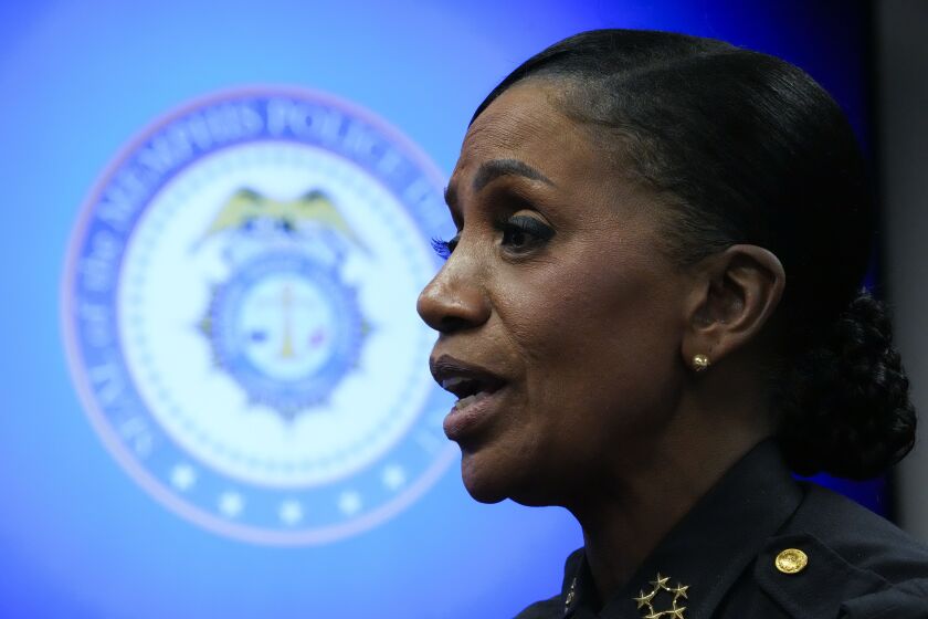 Memphis Police Director Cerelyn Davis speaks during an interview with The Associated Press in Memphis, Tenn., Friday, Jan. 27, 2023, in advance of the release of police body cam video showing Tyre Nichols being beaten by Memphis police officers. Nichols later died as a result of the incident. (AP Photo/Gerald Herbert)