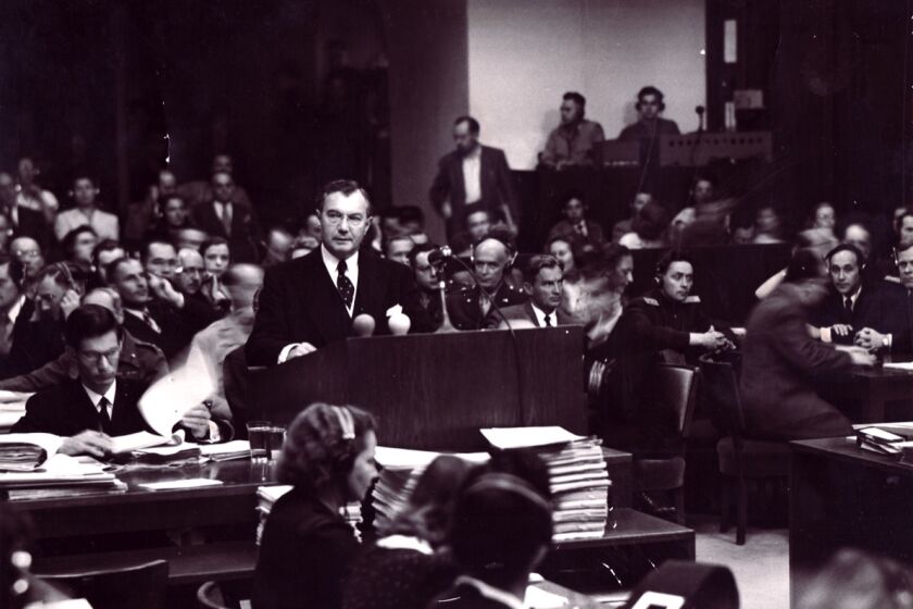 Justice Robert H. Jackson presides over the Nuremberg trial in an image from the movie "Filmmakers for the Prosecution."