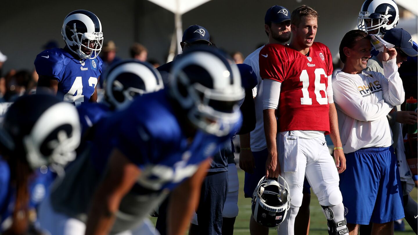 Rams quarterback Jared Goff looks on during a joint practice.