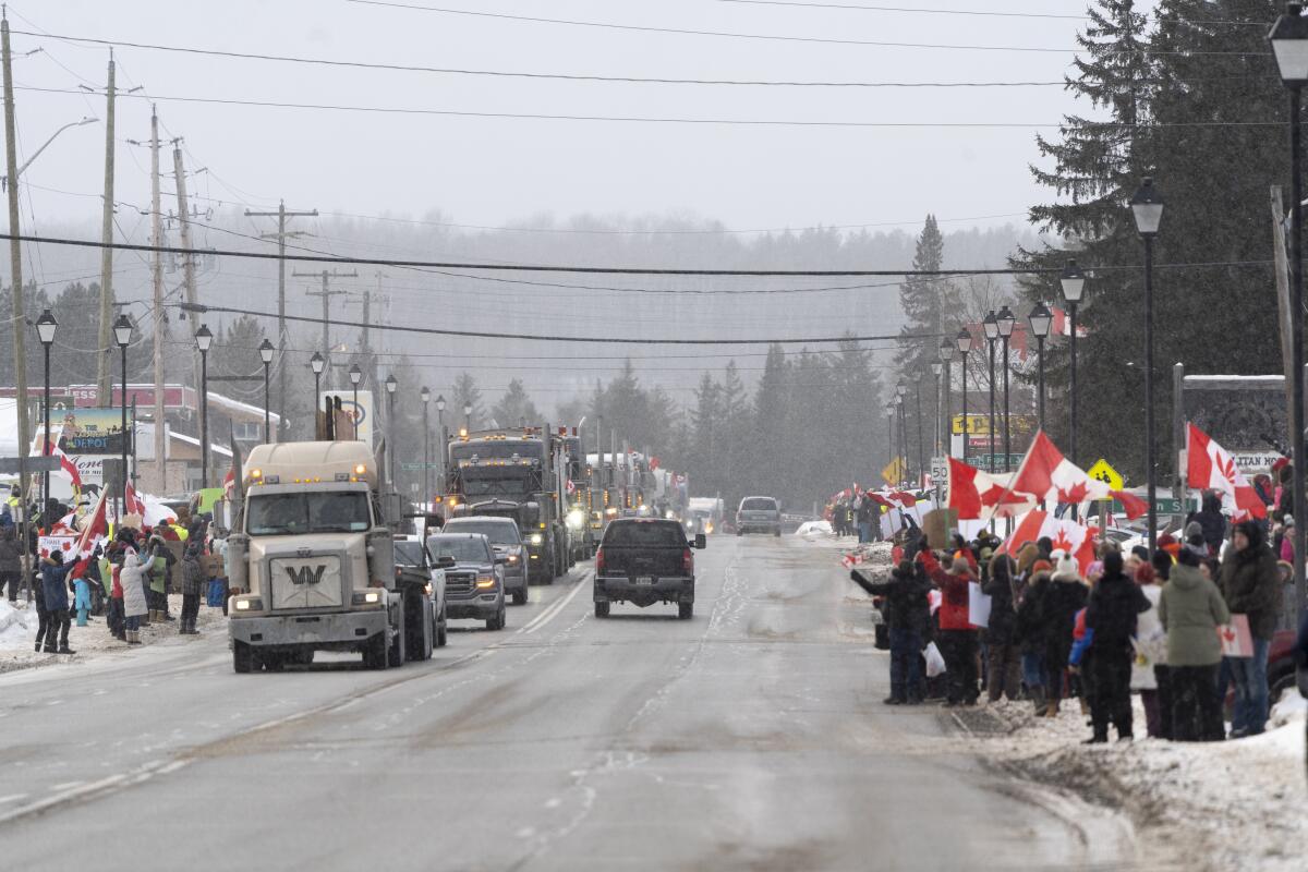 A crowd on a snowy sidewalk cheers truck drivers in Thunder Bay, Ontario.