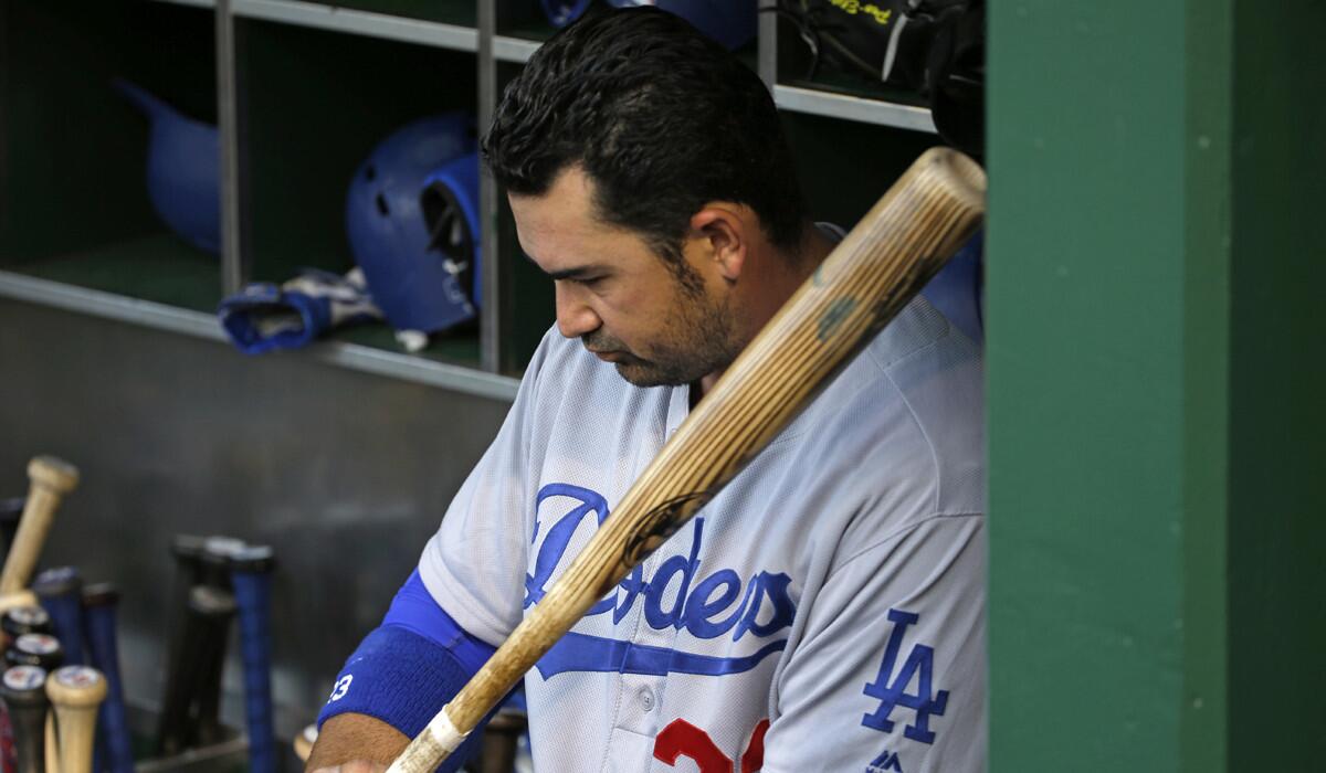 Dodgers' Adrian Gonzalez stands with his bat in the dugout before a game against the Pittsburgh Pirates on Saturday.
