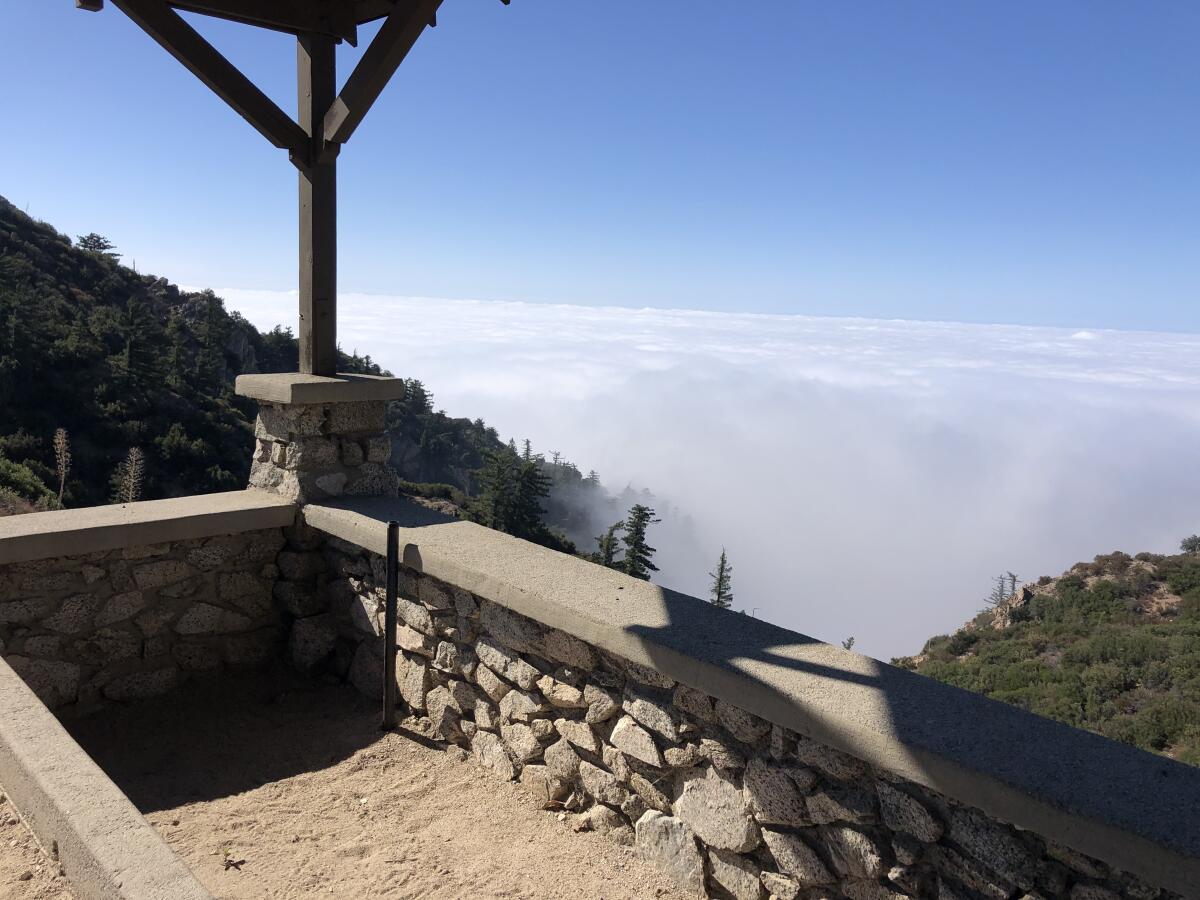 Clouds obscure the view from Inspiration Point above Altadena.