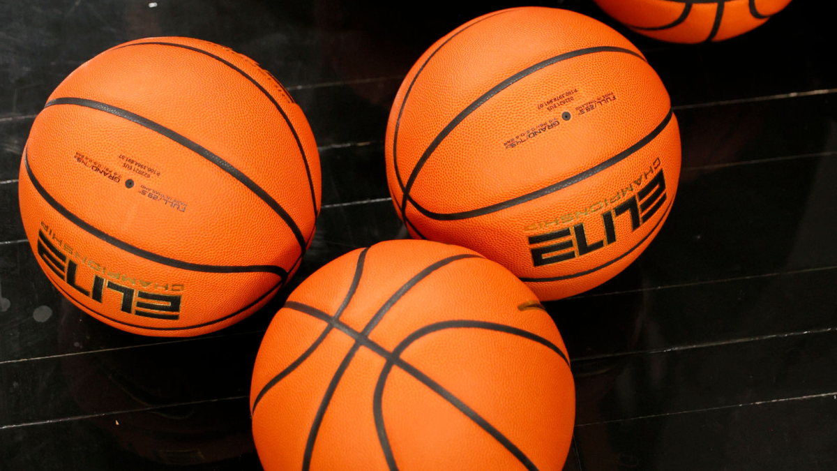 Basketballs on the court.