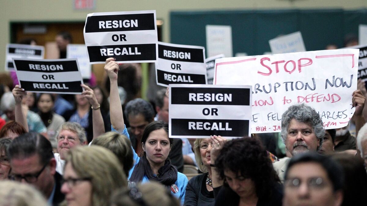 In January 2012, at the height of the pay-to-play scandal in the Sweetwater Union High School District, a crowd turned out at Hilltop High School to express unhappiness with the school board. Two board members had been charged at the time for their role in the scandal.
