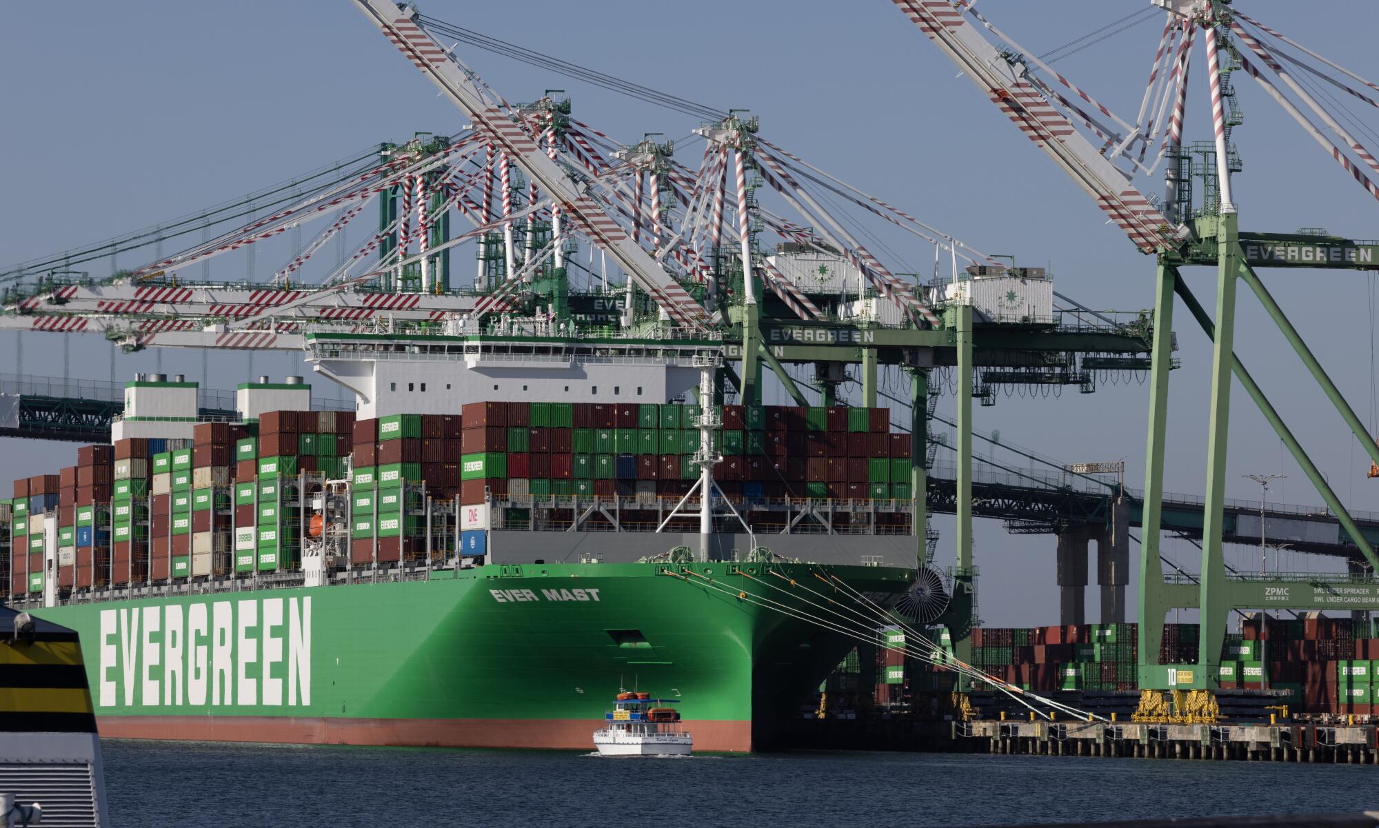 A cargo ship waits to leave the Port of Los Angeles in San Pedro.