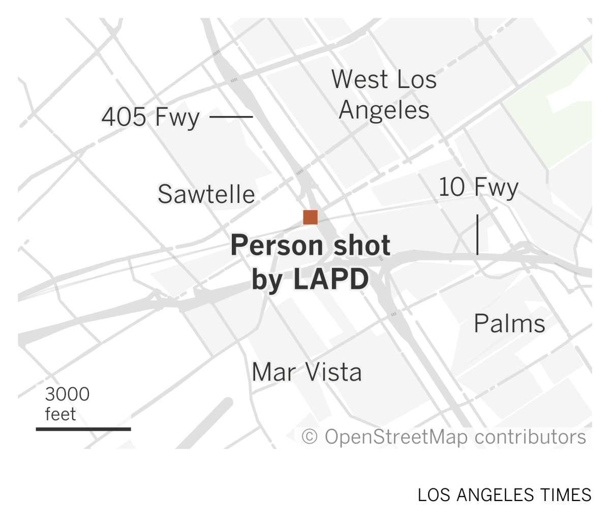 A map of Los Angeles' Westside shows where a person was shot by LAPD in Sawtelle