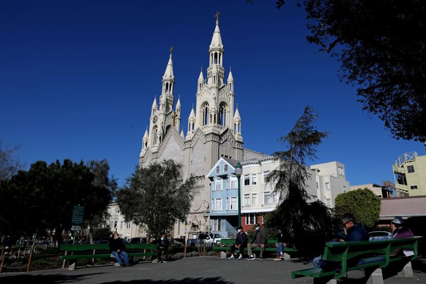 SAN FRANCISCO, CA - FEBRUARY 10: Saints Peter and Paul Church pauses in-person mass after three priests test positive for COVID-19, Wednesday, Feb. 10, 2021 in San Francisco, CA. (Gary Coronado / Los Angeles Times)