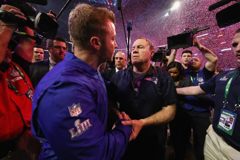 ATLANTA, GA - FEBRUARY 03: Head Coach Sean McVay of the Los Angeles Rams and Head Coach Bill Belichick of the New England Patriots shake hands at the end of the Super Bowl LIII at Mercedes-Benz Stadium on February 3, 2019 in Atlanta, Georgia. The New England Patriots defeat the Los Angeles Rams 13-3. (Photo by Jamie Squire/Getty Images)
