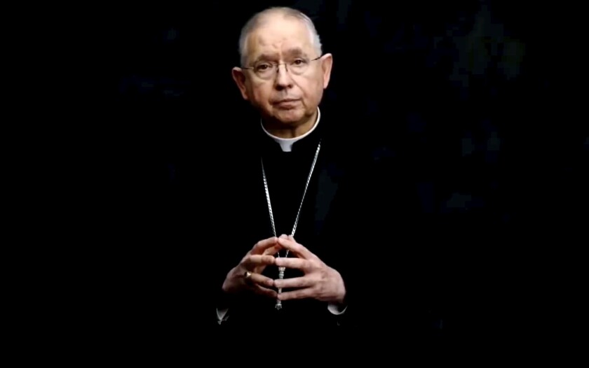 In this image taken from video, Archbishop José Gomez of Los Angeles, president of the U.S. Conference of Catholic Bishops, addresses the body's virtual assembly on Wednesday, June 16, 2021. (United States Conference of Catholic Bishops via AP)