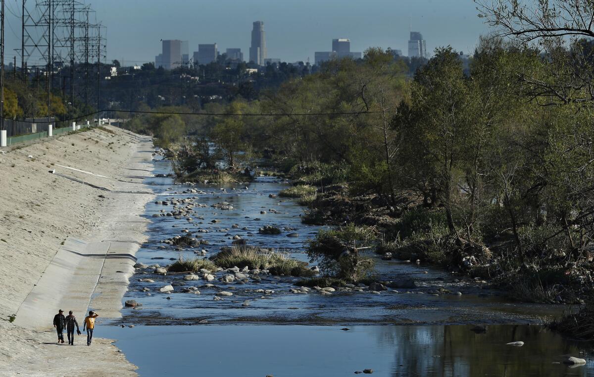 The L.A. River as seen from Colorado Blvd. in Los Angeles. As the city captures more stormwater and recycles more wastewater to live within its environmental means, the river could suffer.