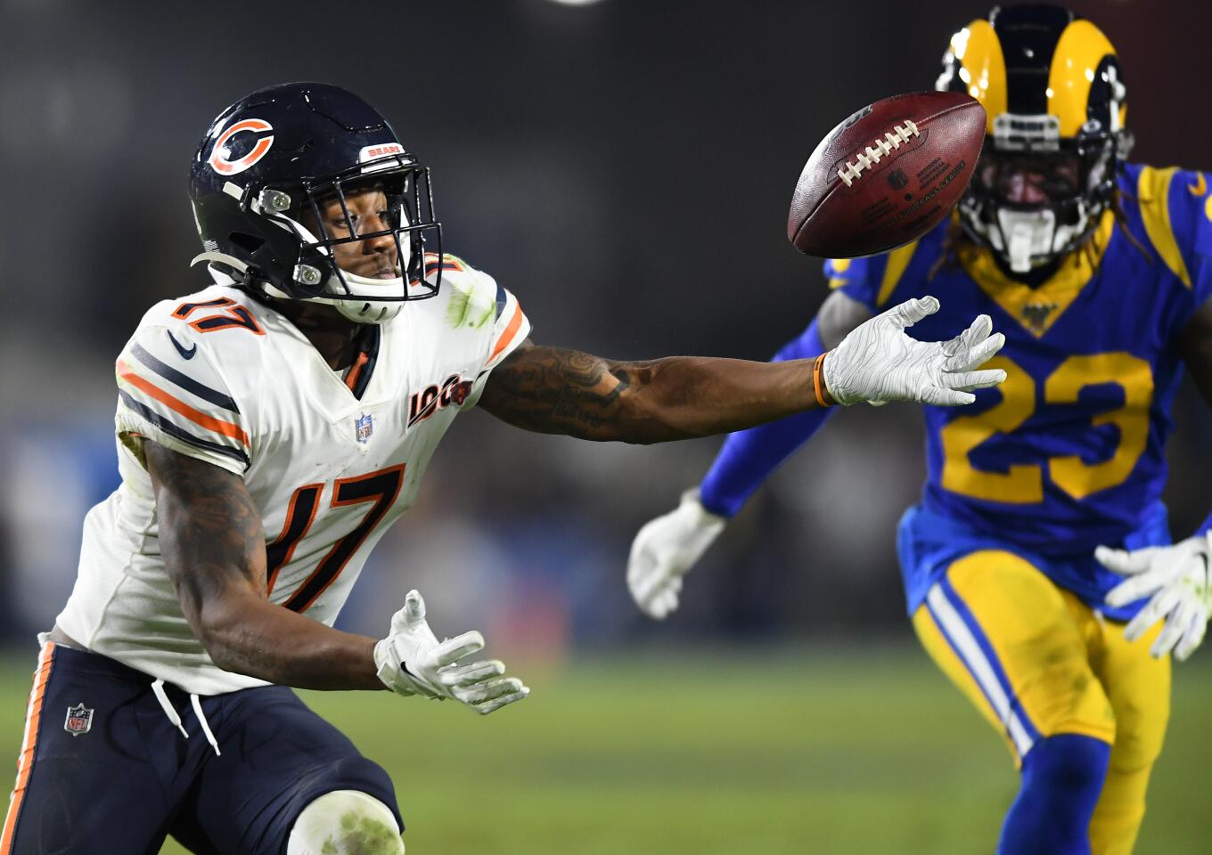 Bears wide receiver Anthony Miller can't haul in a catch in front of Rams cornerback Nickell Robey-Coleman.