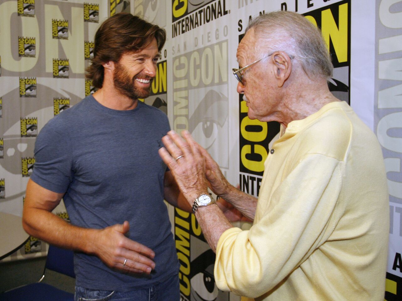 "Wolverine" actor Hugh Jackman, left, talks to legendary comic book creator Stan Lee after an interview at Comic-Con International 2008 in San Diego.