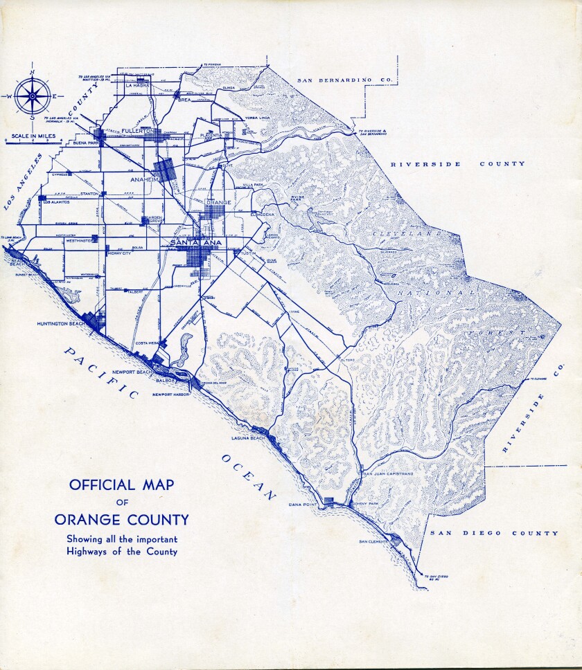 Sherman Library & Gardens Hosts Exhibit On The Marketing Of Orange County - Los Angeles Times 5 A map highlighting all the paved highways of Orange County from 1938. The map is included in the exhibit.
