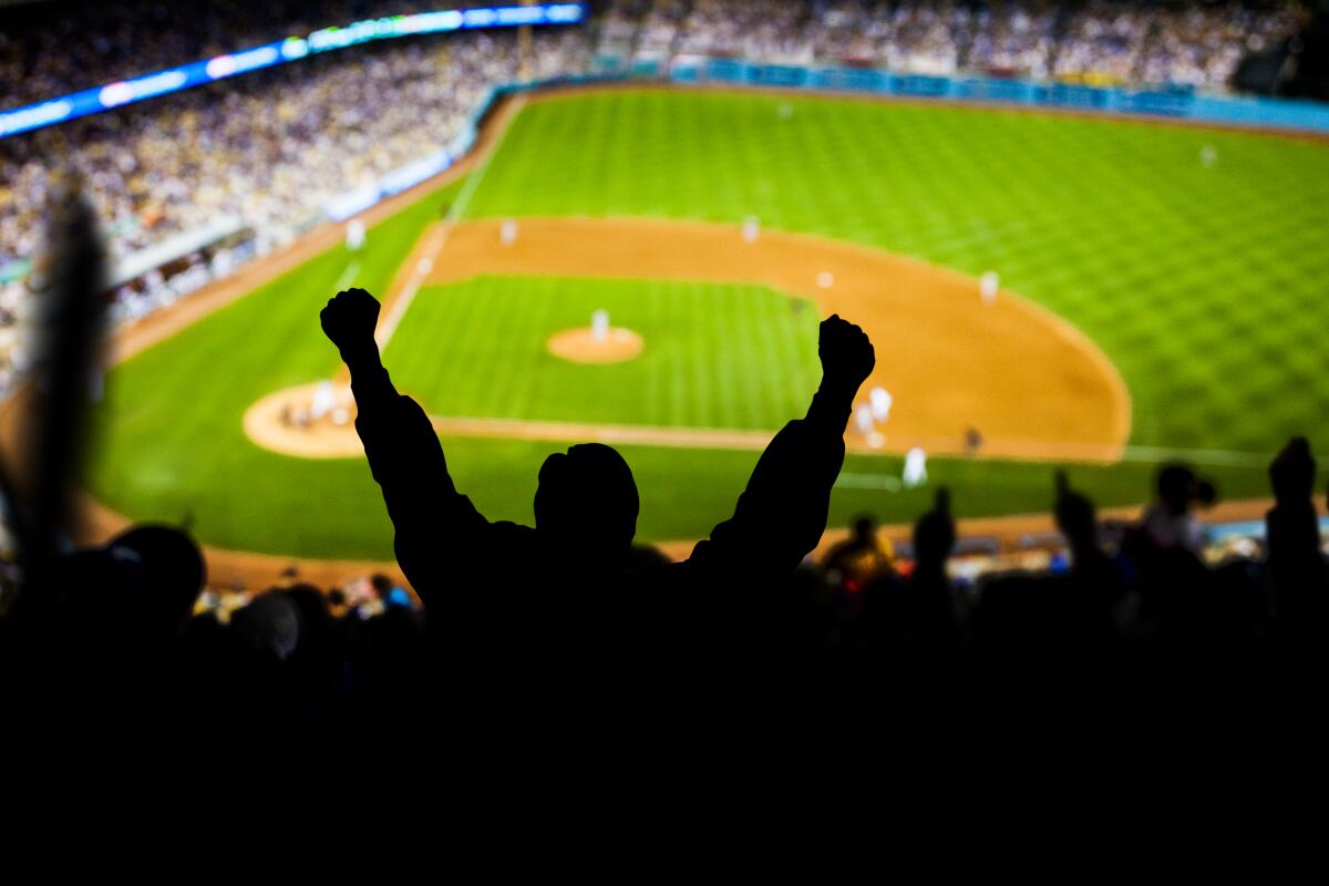 A fan, silhouetted against the baseball diamond, raises his arms triumphantly