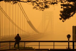 A man talks on his phone as he looks through the haze at the George Washington Bridge from Englewood Cliffs, N.J., Wednesday, June 7, 2023. Intense Canadian wildfires are blanketing the northeastern U.S. in a dystopian haze, turning the air acrid, the sky yellowish gray and prompting warnings for vulnerable populations to stay inside. (AP Photo/Seth Wenig)