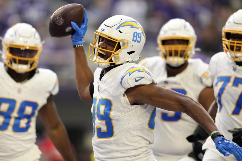 Los Angeles Chargers tight end Donald Parham Jr. (89) celebrates after catching a 1-yard touchdown.