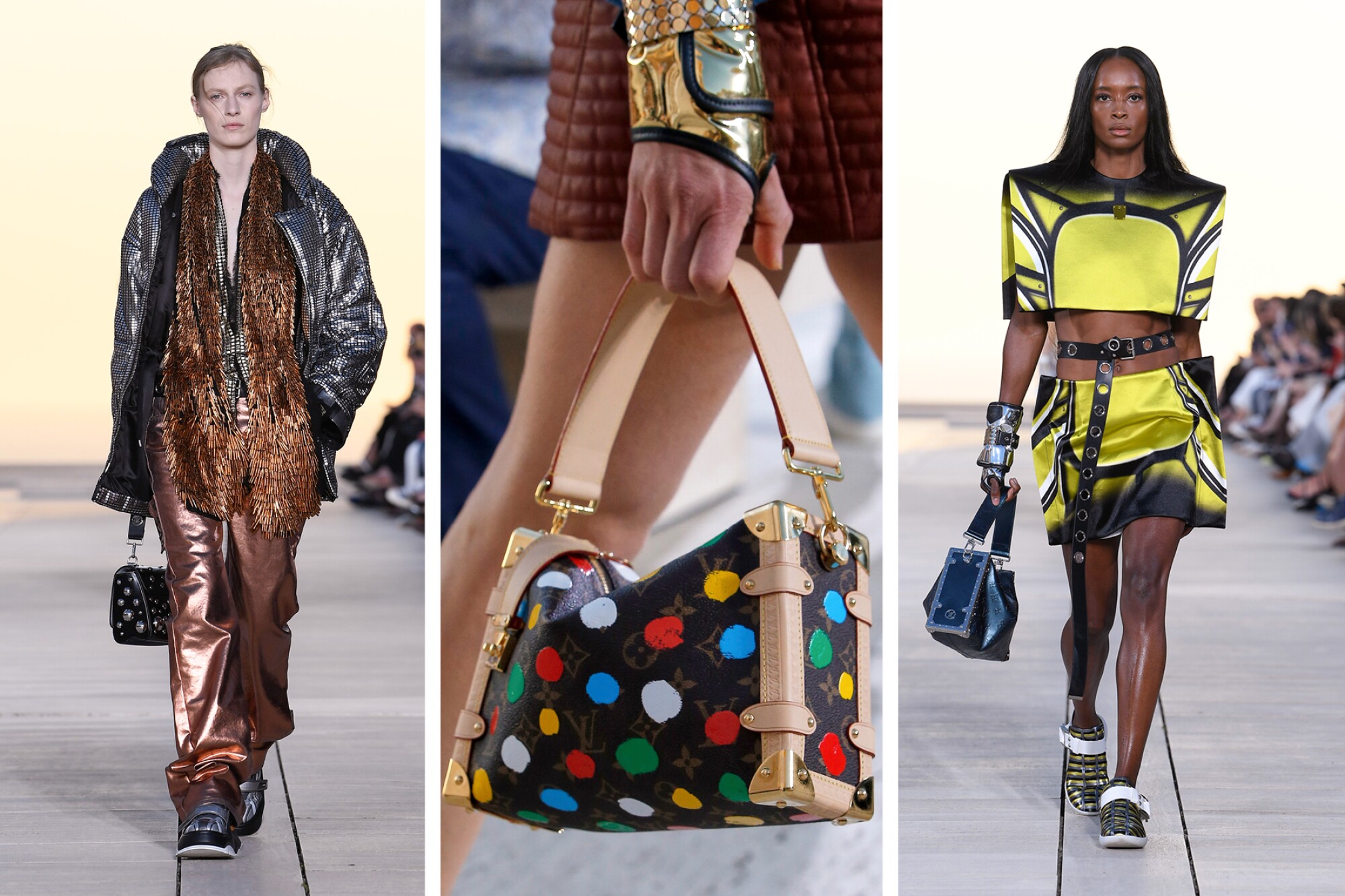 Models show pieces from the Louis Vuitton 2023 Cruise Collection at the Salk Institute on May 12.