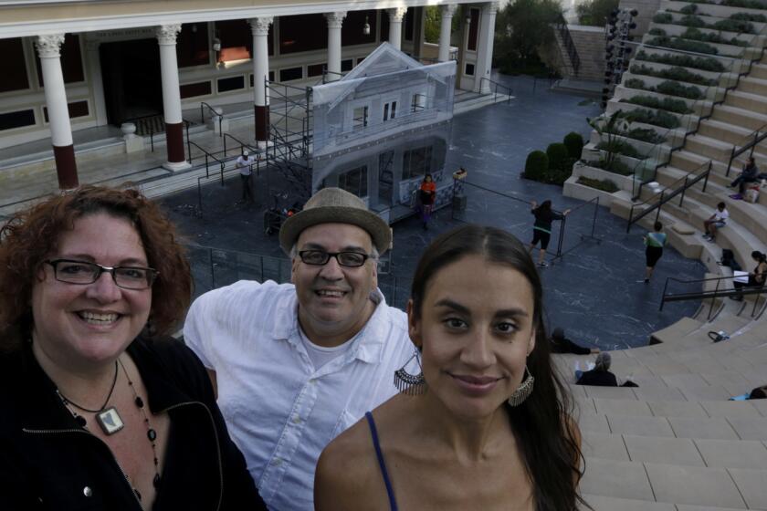 Luis Alfaro at the Getty Villa with Jessica Kubzansky, left, who is directing his "Mojada: A Medea in Los Angeles," and Sabrina Zuniga Varela, who is starring in it.