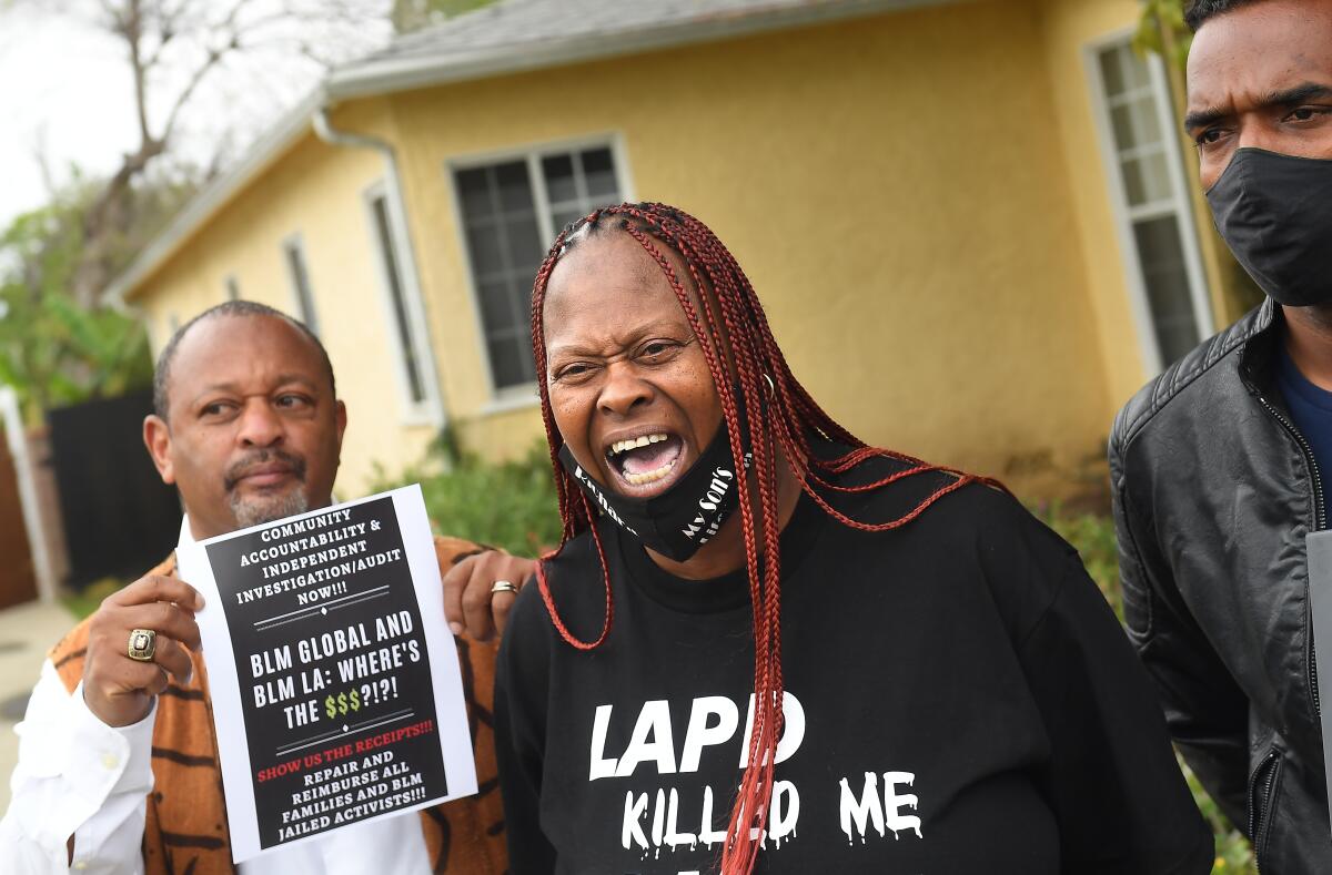 Lisa Simpson, whose son Richard was killed by Los Angeles police in 2016, speaks Tuesday in South L.A.