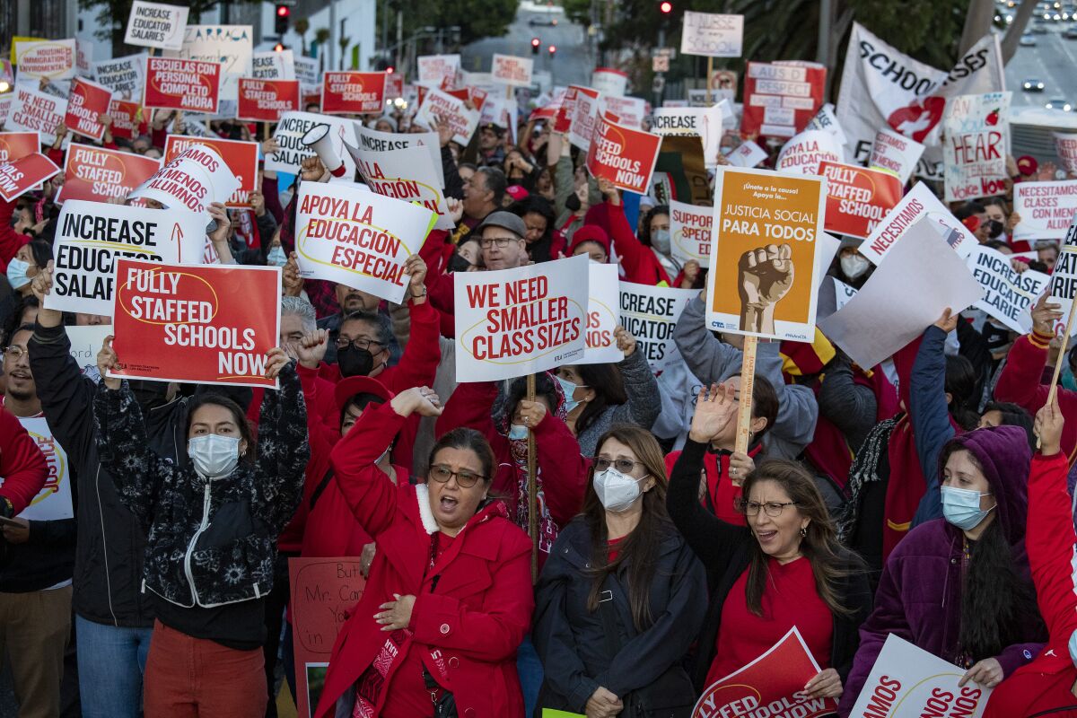 UTLA members and community leaders rally in front of LAUSD headquarters last year.