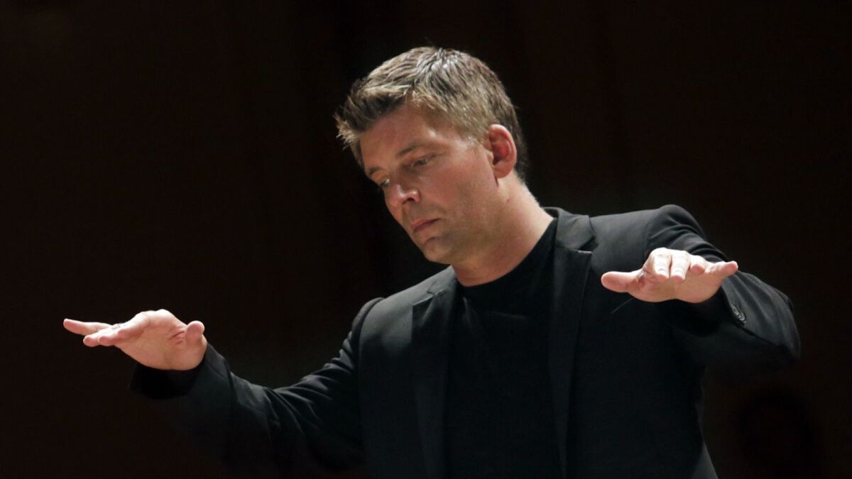 Guest conductor Matthias Pintscher will lead the Los Angeles Philharmonic in works by Elgar and Stravinsky on Tuesday at the Hollywood Bowl.