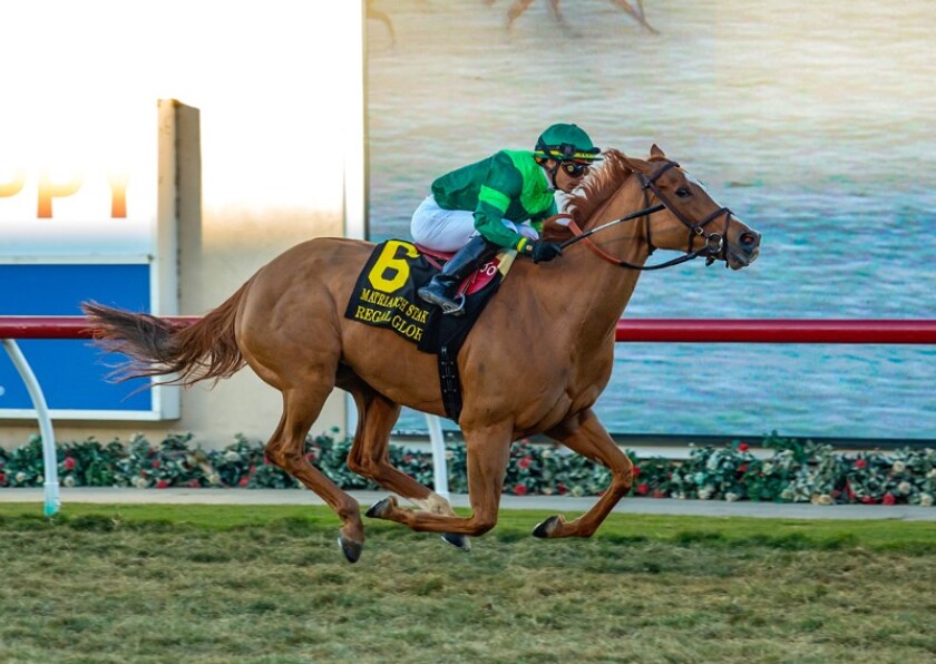 Jockey Jose Ortiz and Regal Glory are all alone approaching the finish of the $400,000 Matriarch on Sunday at Del Mar.