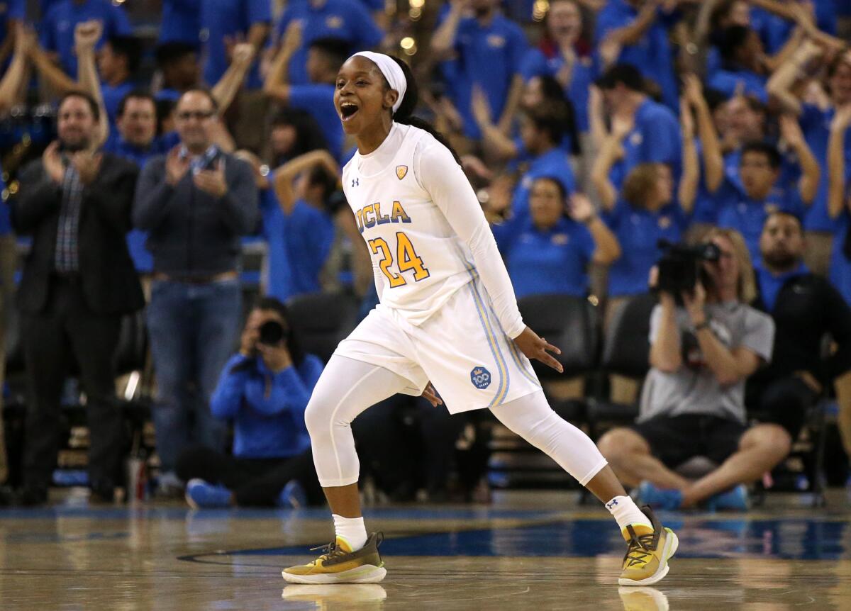 UCLA's Japreece Dean reacts after making a three-point shot in overtime against Oregon State at Pauley Pavilion on Feb. 17.