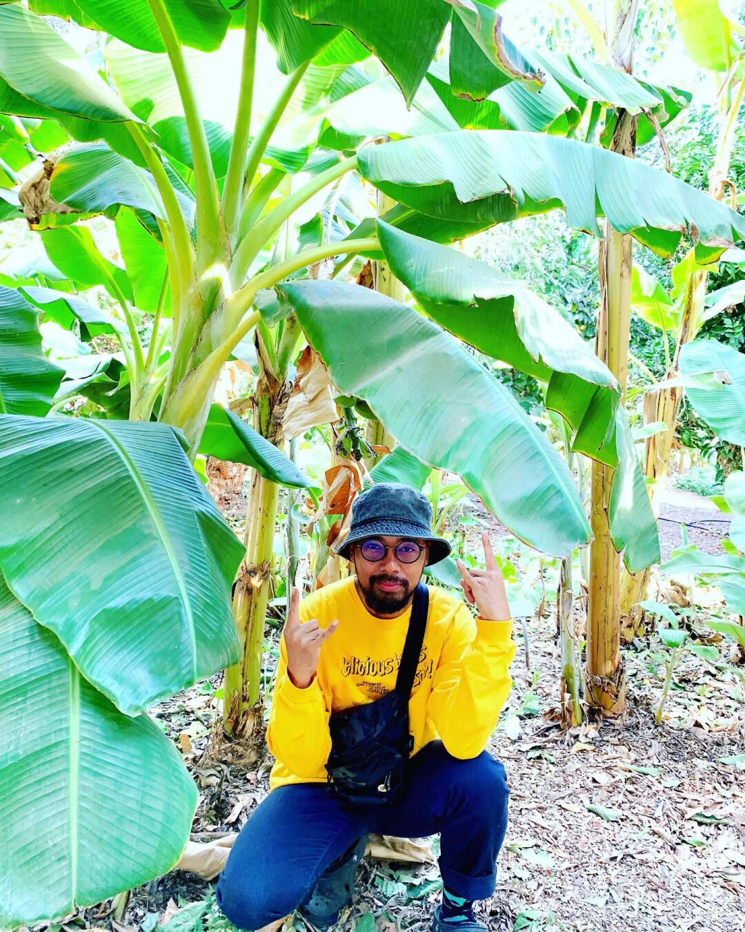 A man kneels under large tropical plant leaves.