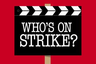 illustration of a sign made from a film clapper with "Who's on strike?" written upon it.