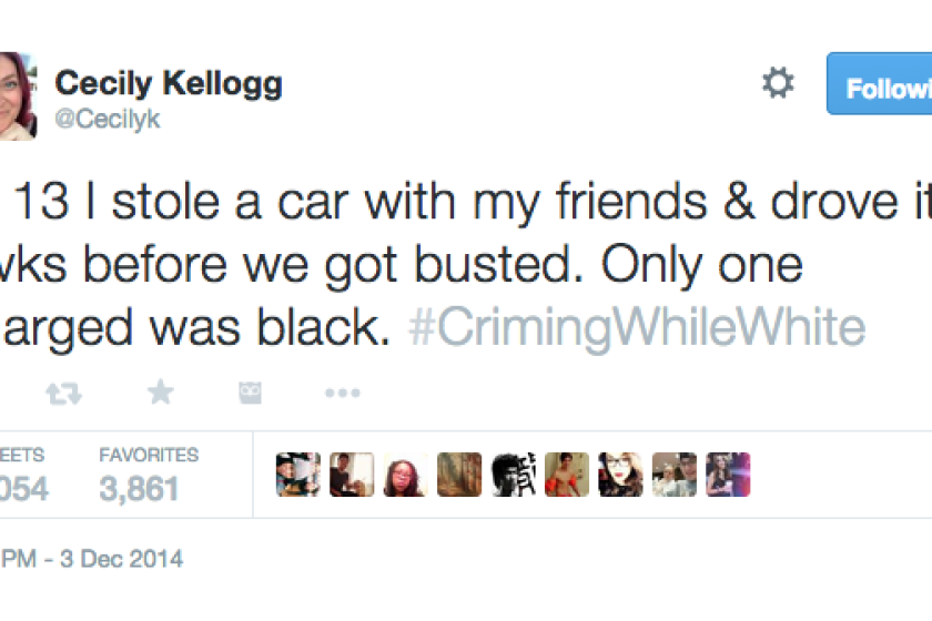 Twitter user Cecily Kellogg shares her story with the hashtag #CrimingWhileWhite.
