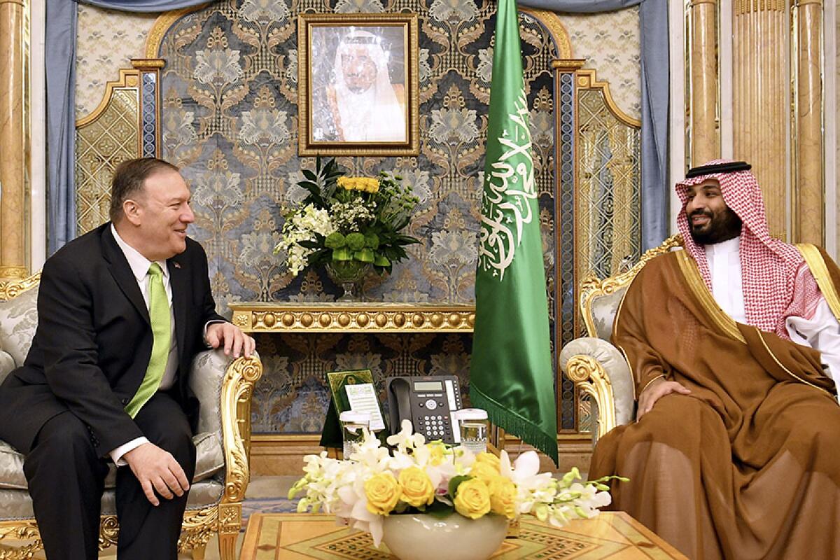 U.S. Secretary of State Michael R. Pompeo meets with Saudi Arabian Crown Prince Mohammed bin Salman in Jidda, Saudi Arabia, on Wednesday.