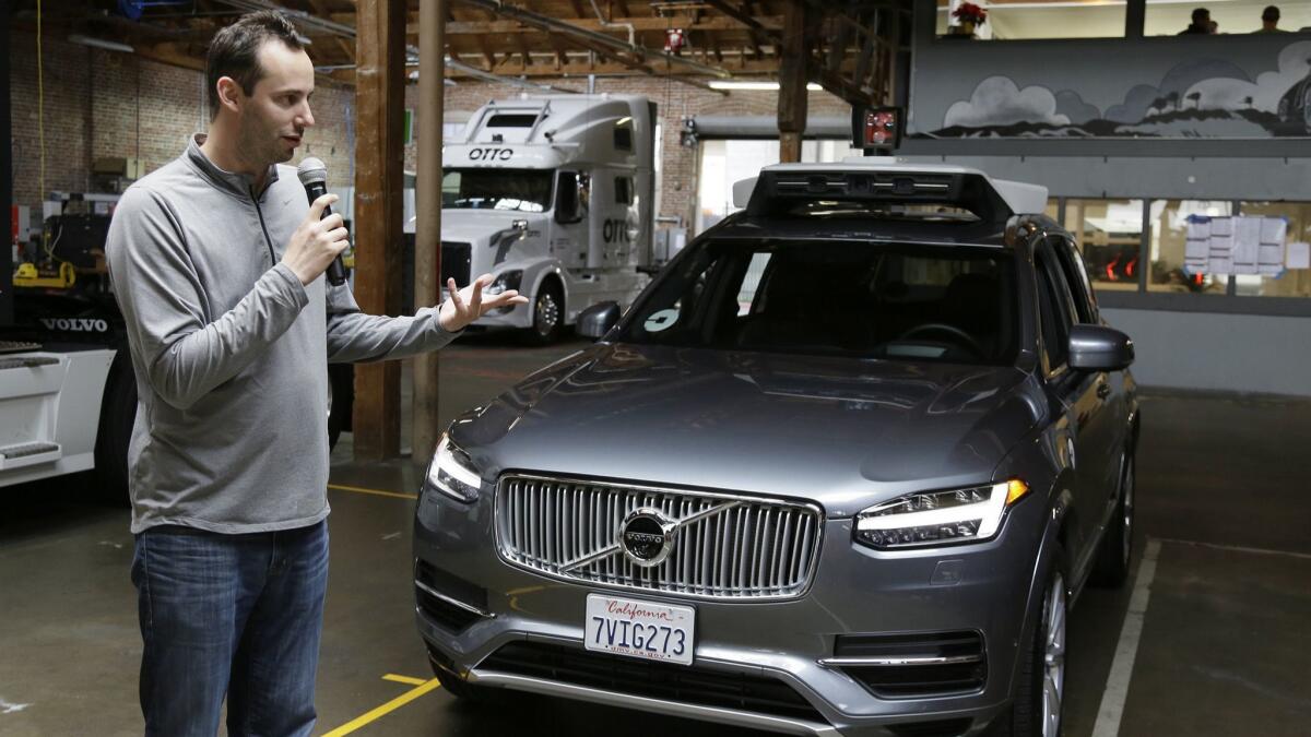 Anthony Levandowski, then head of Uber's self-driving program, speaks in San Francisco in 2016.