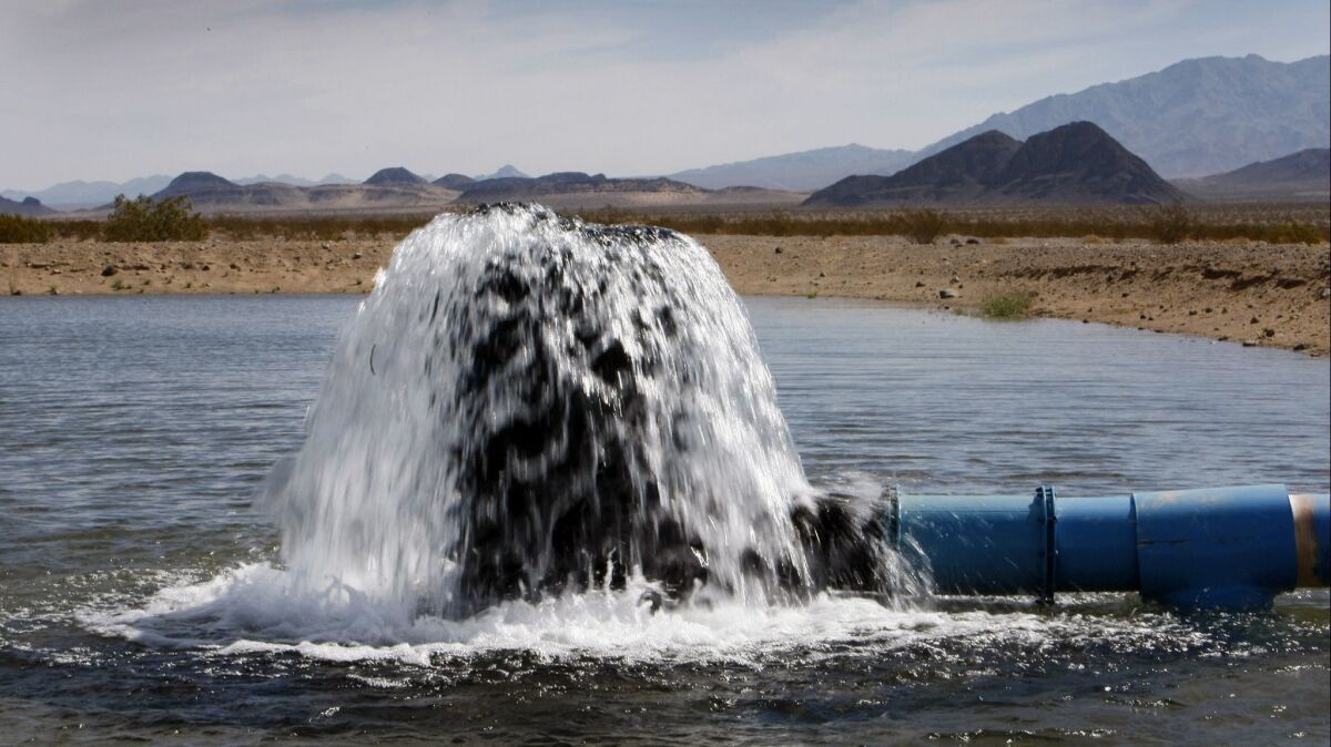 A spreading basin holds water from a pilot well on Cadiz Ranch in Cadiz, Calif. on April 18, 2012.