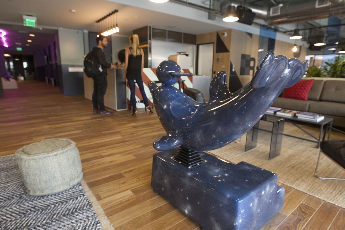 Unique San Diego icons appear throughout the WeWork space, such as this sculpture of a bit of local ocean lore.