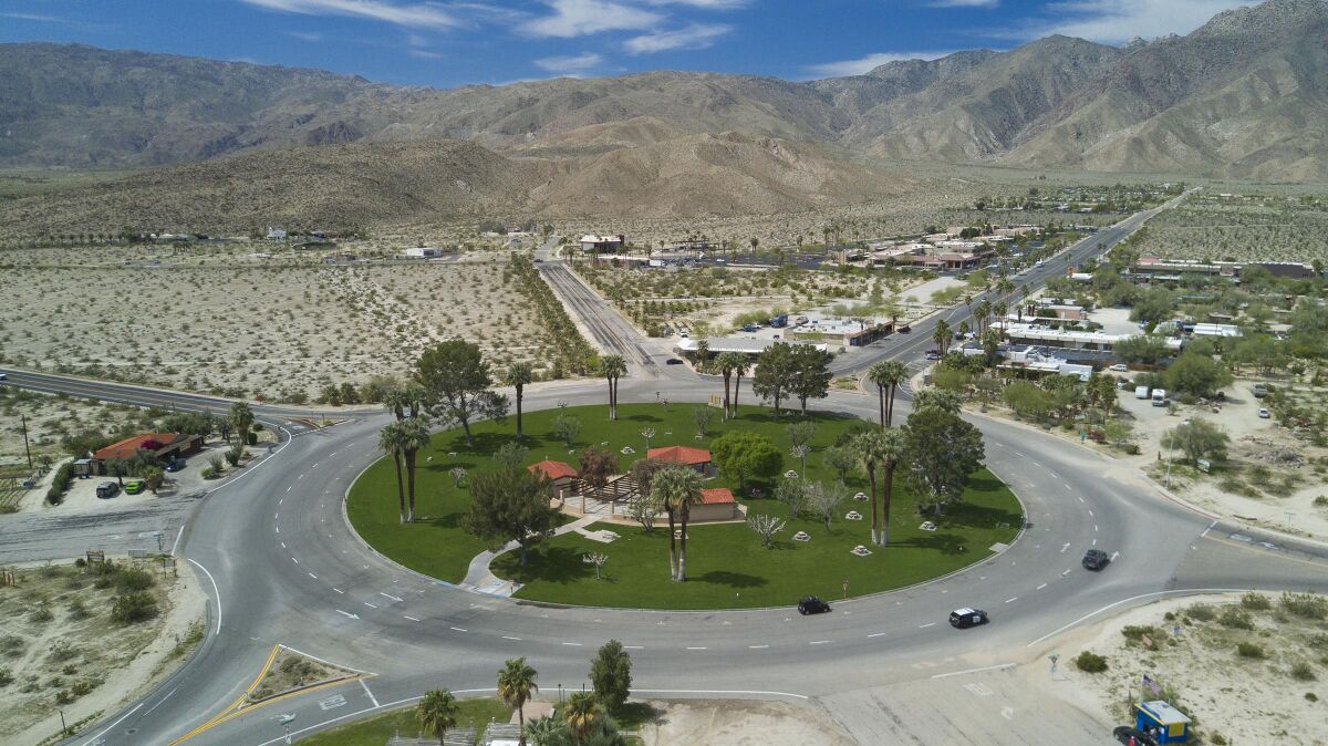 Aerial view looking west over Christmas Circle in Borrego Springs, which in non-COVID-19 years would be bustling with tourists. The Christmas Circle park is closed as is the State Park.
