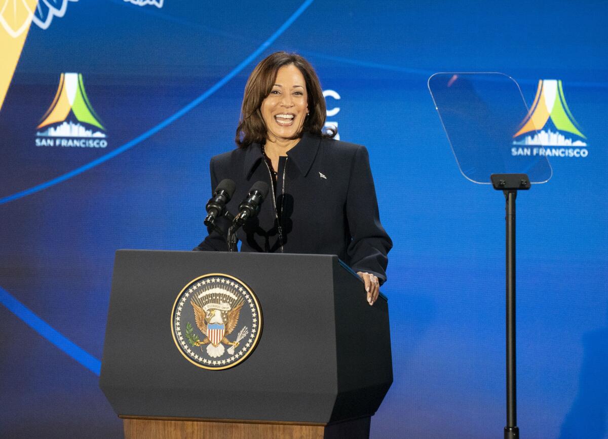 SAN FRANCISCO, CA - NOVEMBER 15: US Vice President Kamala Harris speaks during a welcome reception for leaders attending the Asia-Pacific Economic Cooperation (APEC) Leaders' Week at the Exploratorium on November 15, 2023 in San Francisco, California. (Photo by Liu Guanguan/China News Service/VCG via Getty Images)