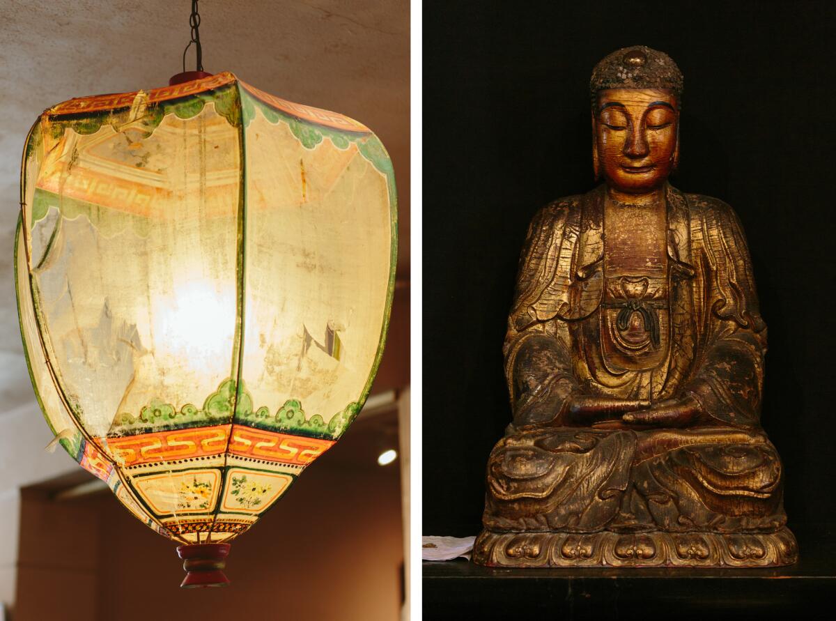 A diptyck with an old light fixture at left and a bronze Buddha statue at right 
