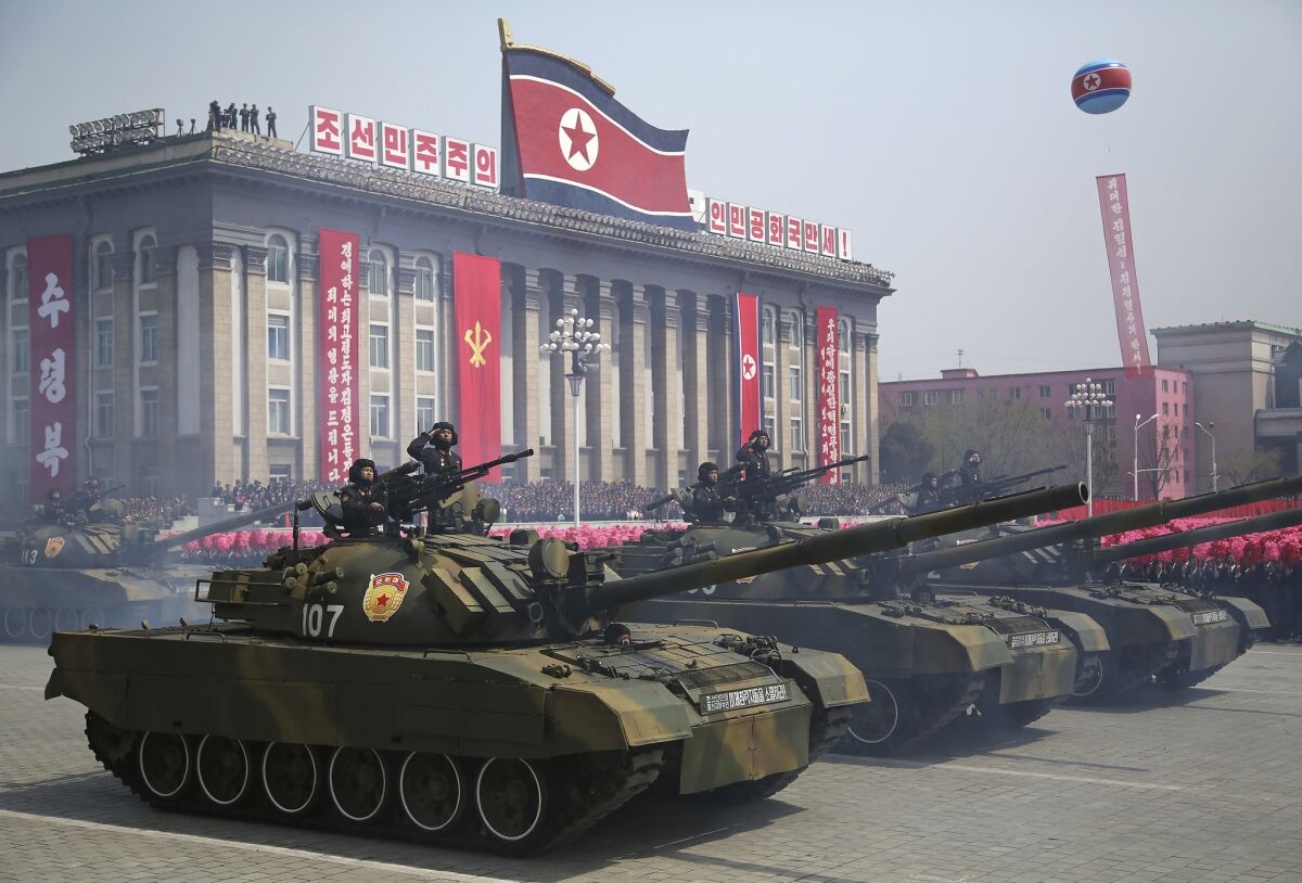 Soldiers in tanks take part in a military parade on April 15, 2017, in Pyongyang, North Korea.