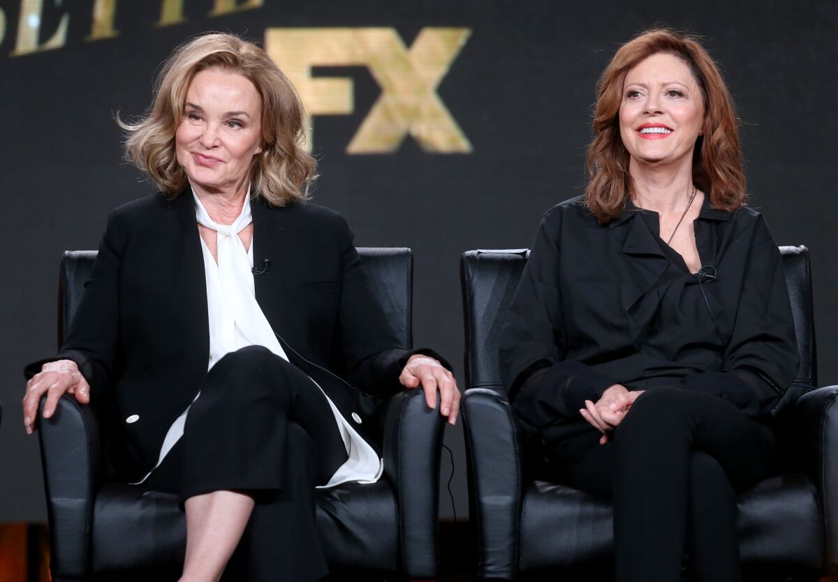 Jessica Lange, left, and Susan Sarandon, who star in the upcoming FX series "Feud," speak at the Television Critics Assn. press tour in Pasadena on Jan. 12.