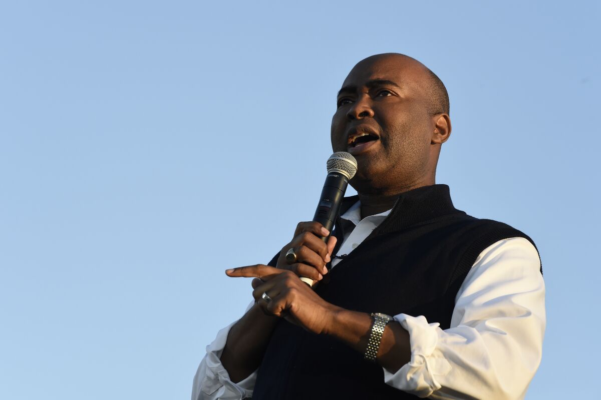 Jaime Harrison speaks at a campaign rally in North Charleston, S.C.