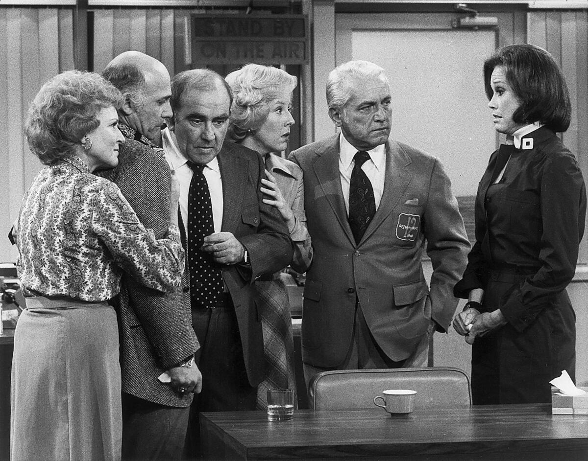 Betty White, left, Gavin MacLeod, Edward Asner, Georgia Engel, Ted Knight, and Mary Tyler Moore.
