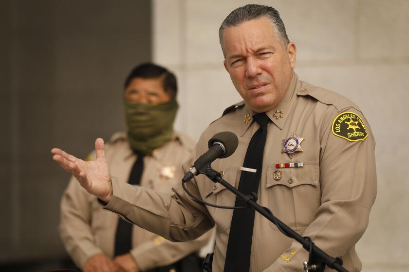 LOS ANGELES, CA - JUNE 29: Los Angeles County Sheriff Alex Villanueva conducts a press conference at the LA County Hal of Justice to discuss the County CEO's proposed budget cuts that defunds the LASD by another $145.4 million above the $400 million that has already been cut for the next fiscal year. Hall of Justice on Monday, June 29, 2020 in Los Angeles, CA. (Al Seib / Los Angeles Times)